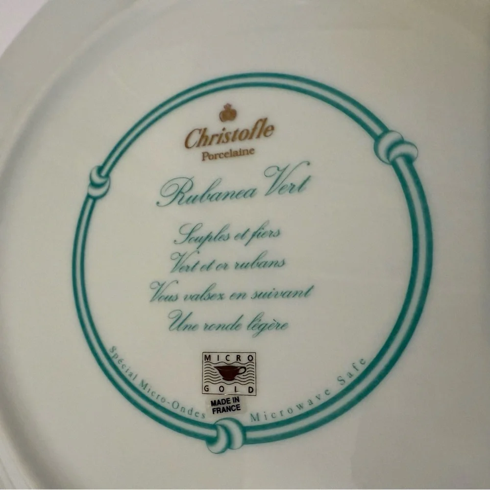 CHRISTOFLE RUBANEA VERT DINNER PLATE PORCELAIN WHITE GREEN GOLD FRANCE 10.5”
